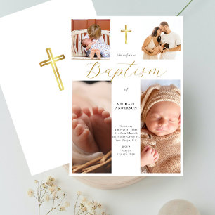Calligraphy Photo Collage Gold Cross Baby Baptism Invitation
