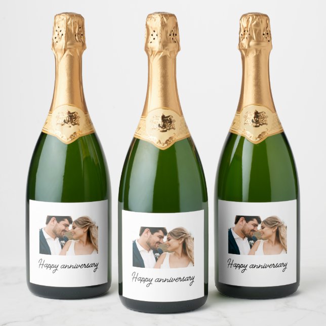 Calligraphy Photo Happy Wedding Anniversary Gift Sparkling Wine Label (Bottles)