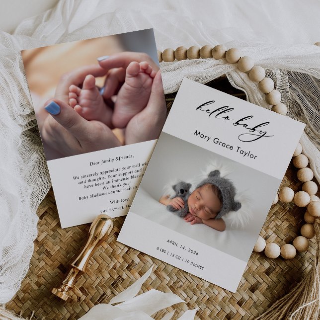 Calligraphy Photo Hello Baby Announcement Card (Creator Uploaded)
