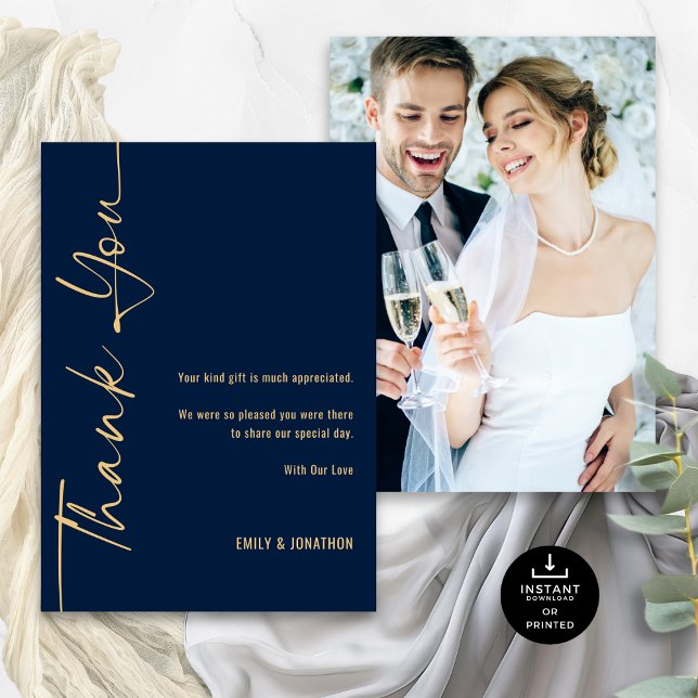 Calligraphy Photo Navy Gold Wedding Thank You Card (Front and back view)