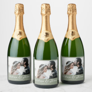 Calligraphy Photo Sage Green Wedding Party Sparkling Wine Label