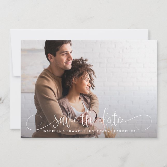 Calligraphy Photo Save the Date Card QR Code (Front)