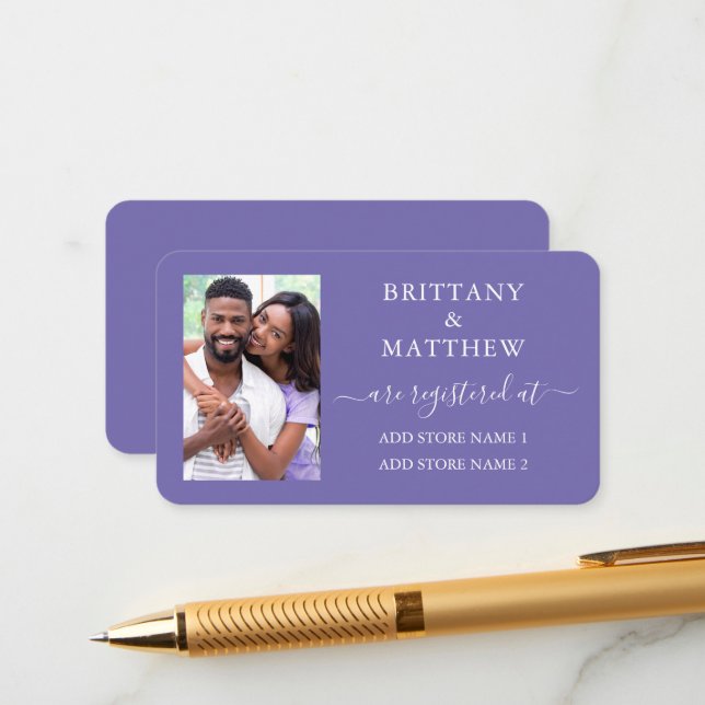 Calligraphy Photo Wedding Registry Periwinkle Enclosure Card (Front/Back In Situ)