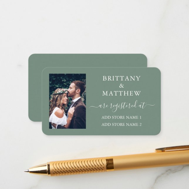 Calligraphy Photo Wedding Registry Sage Green Enclosure Card (Front/Back In Situ)