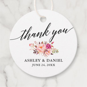 Calligraphy Pink Floral Wedding Thank You Favour Tags