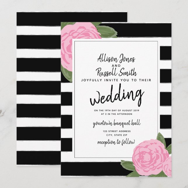Calligraphy Pink Rose Black + White Stripe Wedding Invitation (Front/Back)