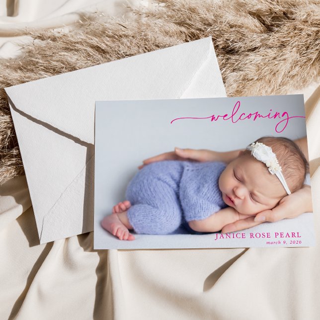 Calligraphy Pink Welcoming Baby Announcement card (Creator Uploaded)