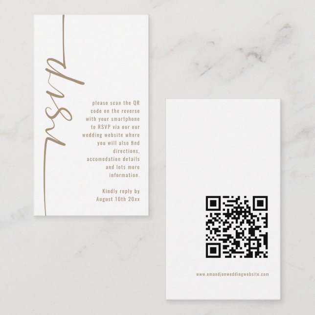 Calligraphy QR Code Champagne Gold Wedding RSVP  Enclosure Card (Front/Back)