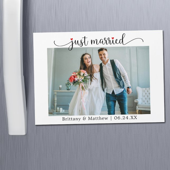 Calligraphy Red Heart Just Married Magnet Card (Customize to change your personalized text size or text style.)