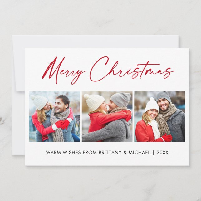 Calligraphy Red Ink 3 Photo Couple Christmas Holiday Card (Front)