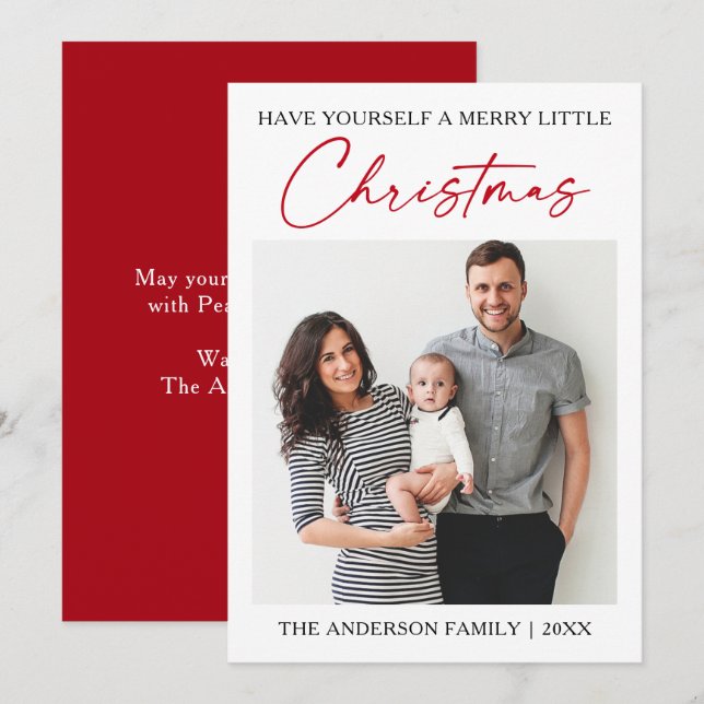 Calligraphy Red Ink Pen Minimalist Photo Holiday Card (Front/Back)
