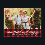 Calligraphy Red Plaid Married and Merry Wedding Postcard<br><div class="desc">Modern Elegant Calligraphy Script Red Plaid Wedding Photo Married and Merry Christmas Postcard</div>