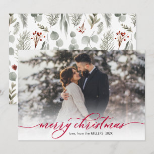 Calligraphy Red Script Foliage Photo Christmas Holiday Card