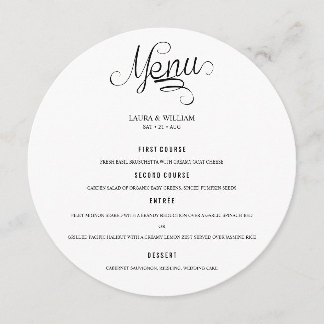 Calligraphy Round Wedding Dinner Menu For Plate (Front)