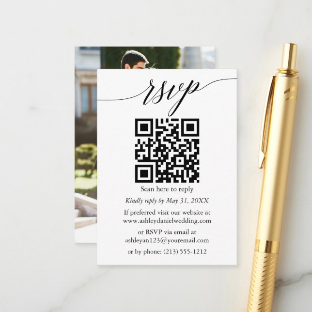 Calligraphy RSVP Photo Wedding Minimalist QR Enclosure Card (Front/Back In Situ)