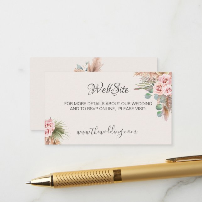Calligraphy Rustic Boho Floral Wedding Website Bus Enclosure Card (Front/Back In Situ)
