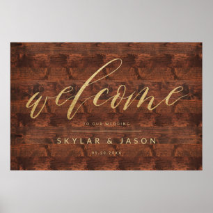 Calligraphy Rustic Wood & Gold Welcome Wedding Poster