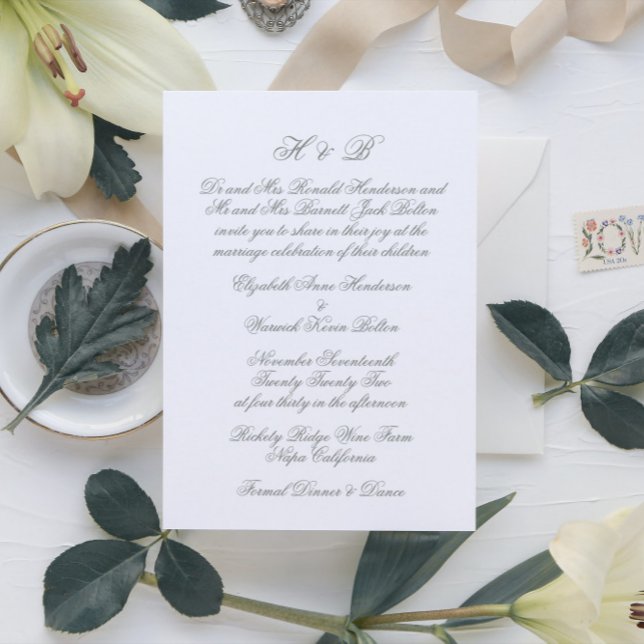 Calligraphy Sage Green & White Formal Wedding Invitation (Creator Uploaded)