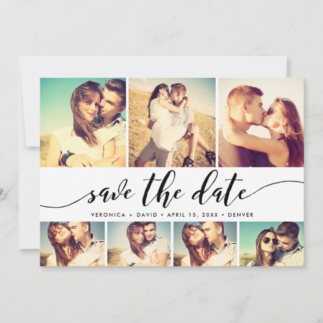 Calligraphy Save The Date 7 Photo Grid Collage (Front)
