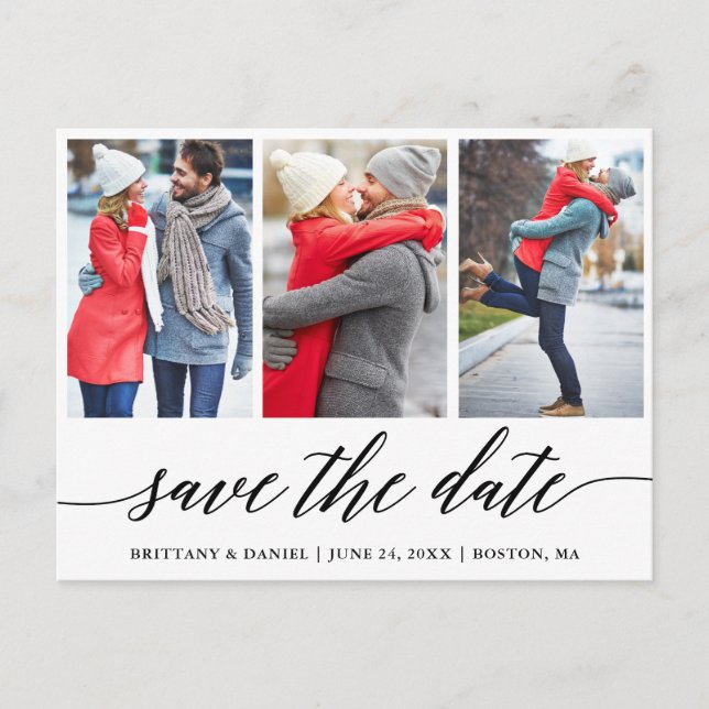 Calligraphy Save The Date Engagement 3 Photo Postcard (Front)