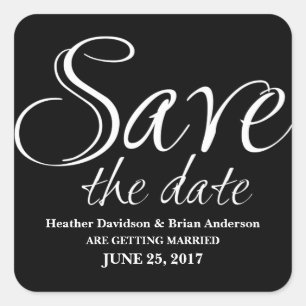 Calligraphy Save the Date Stickers, Black Square Sticker