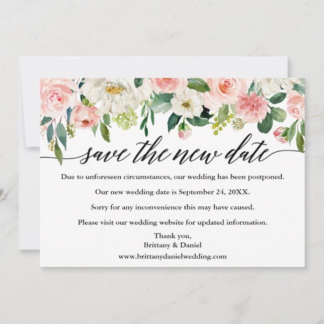Calligraphy Save The New Date Pink Floral Card (Front)