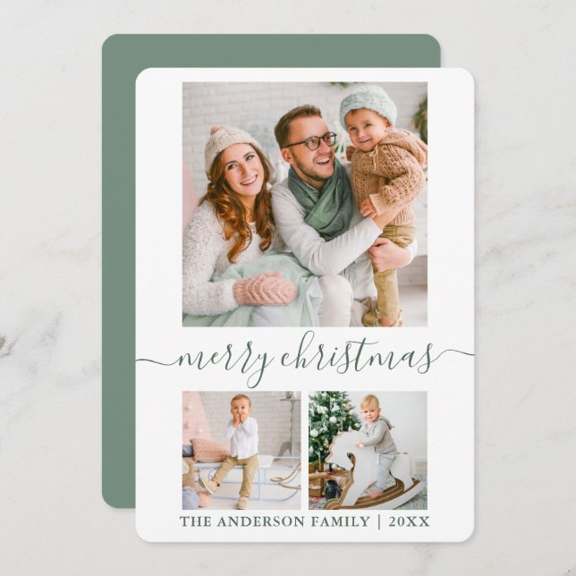 Calligraphy Script 3 Photo Sage Green Christmas Holiday Card (Front/Back)