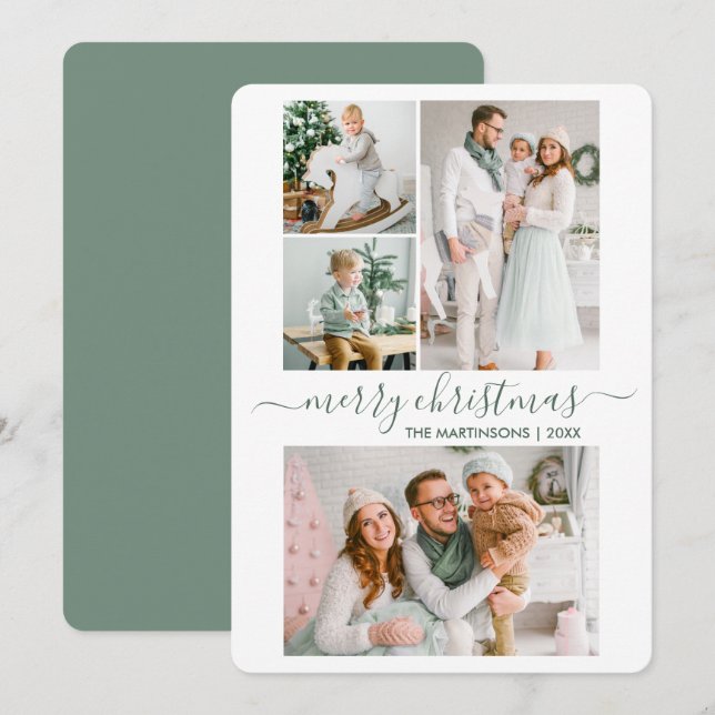 Calligraphy Script 4 Photo Christmas Sage Green Holiday Card (Front/Back)