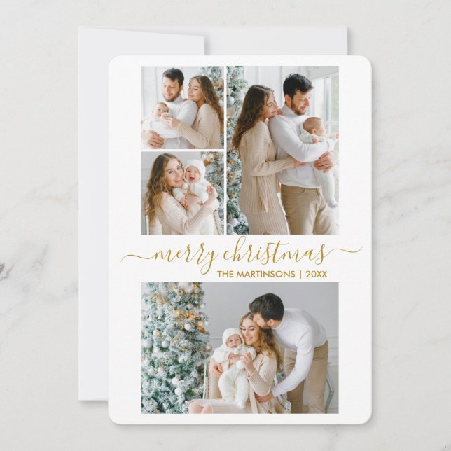 Calligraphy Script 4 Photo Merry Christmas Gold Holiday Card (Front)