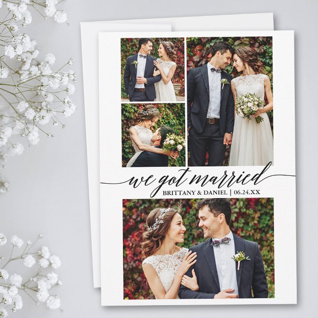 Calligraphy Script 4 Photo We Got Married Announcement (Customize to add text or more photos to back of card.)