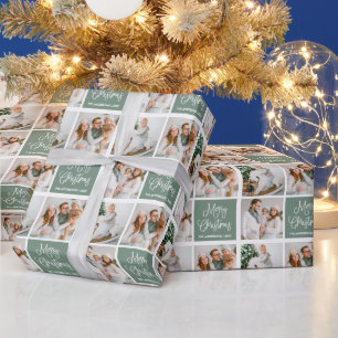 Calligraphy Script Christmas 3 Photo Sage Green Wrapping Paper