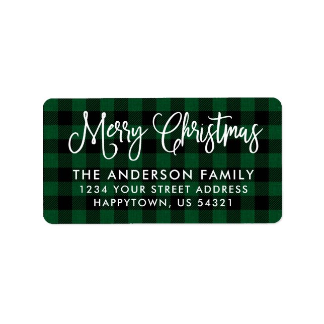 Calligraphy Script Christmas Green Plaid Address Label (Front)