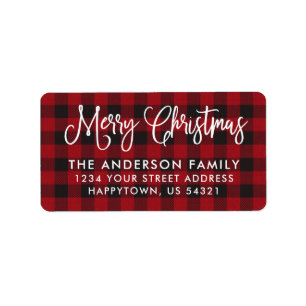 Calligraphy Script Christmas Red Plaid Address Label