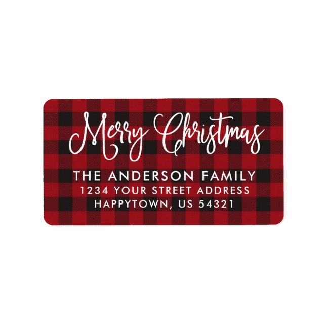 Calligraphy Script Christmas Red Plaid Address Label (Front)
