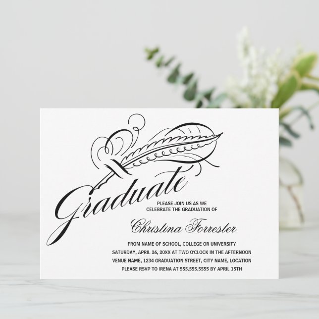Calligraphy Script Feather Quill Graduation Invitation (Standing Front)