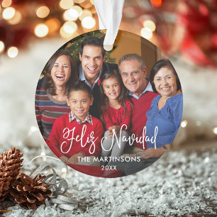 Calligraphy Script Feliz Navidad Photo Red Back Ornament