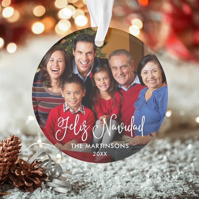 Calligraphy Script Feliz Navidad Photo Red Back Ornament (Customize with your photo, name and year.)