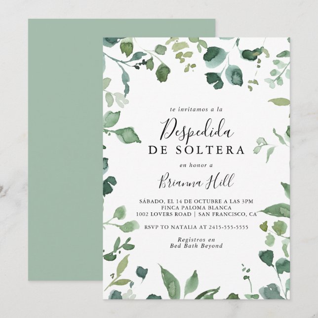 Calligraphy Script Foliage Spanish Bridal Shower  Invitation (Front/Back)