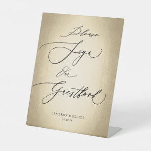 Calligraphy Script Gold Guestbook Wedding Pedestal Sign