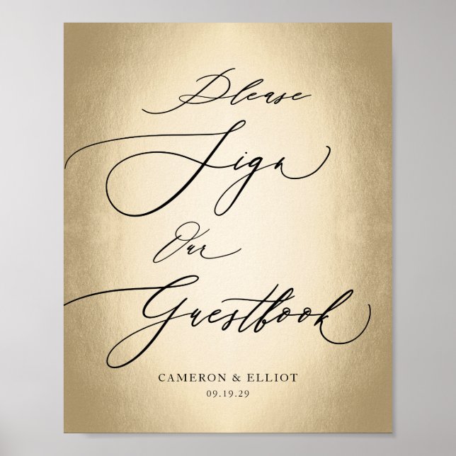Calligraphy Script Gold Guestbook Wedding Sign (Front)
