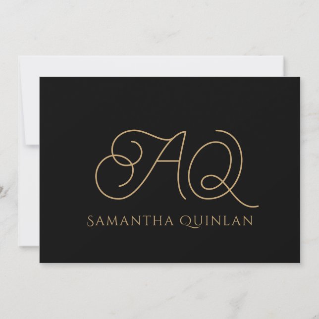 Calligraphy Script Gold Monogram Initials Black  Card (Front)