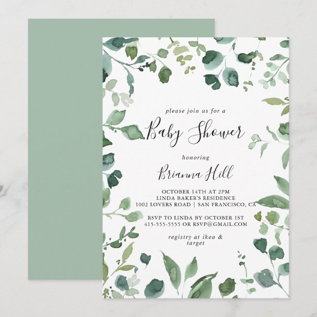 Calligraphy Script Green Foliage Baby Shower  Invitation (Front/Back)