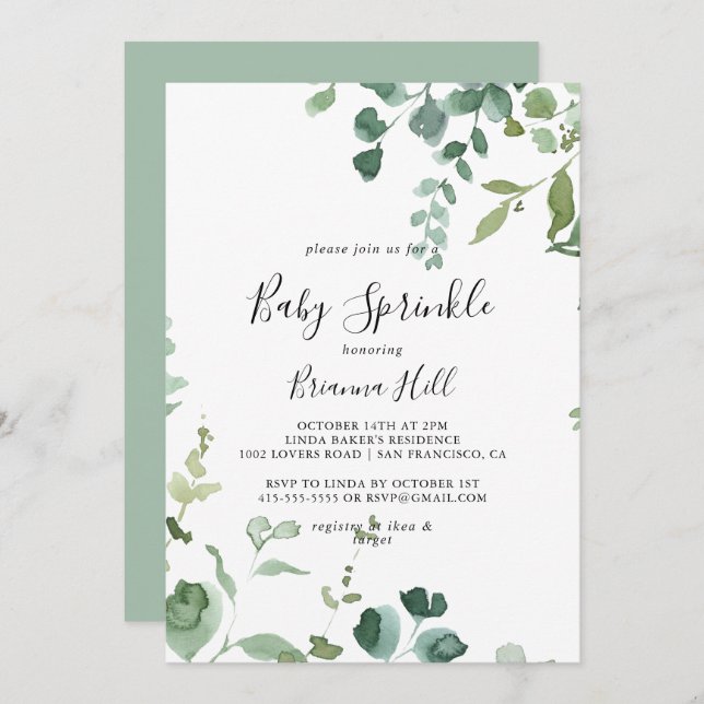 Calligraphy Script Green Foliage Baby Sprinkle  Invitation (Front/Back)