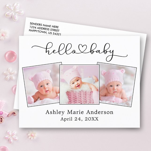 Calligraphy Script Heart 3 Photo Hello Baby Postcard (Customize to change your personalized text size or text style.)