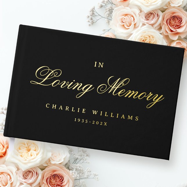 Calligraphy script in loving memory funeral black guest book (Calligraphy script in loving memory funeral black foil guest book)