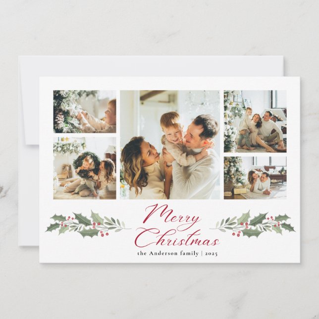 Calligraphy Script Merry Photo Collage Christmas Holiday Card (Front)