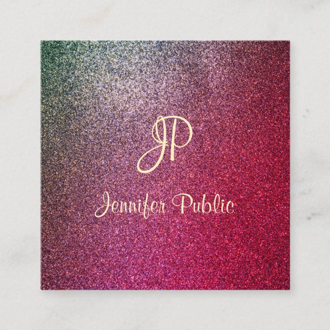 Calligraphy Script Modern Elegant Glitter Template Square Business Card (Front)