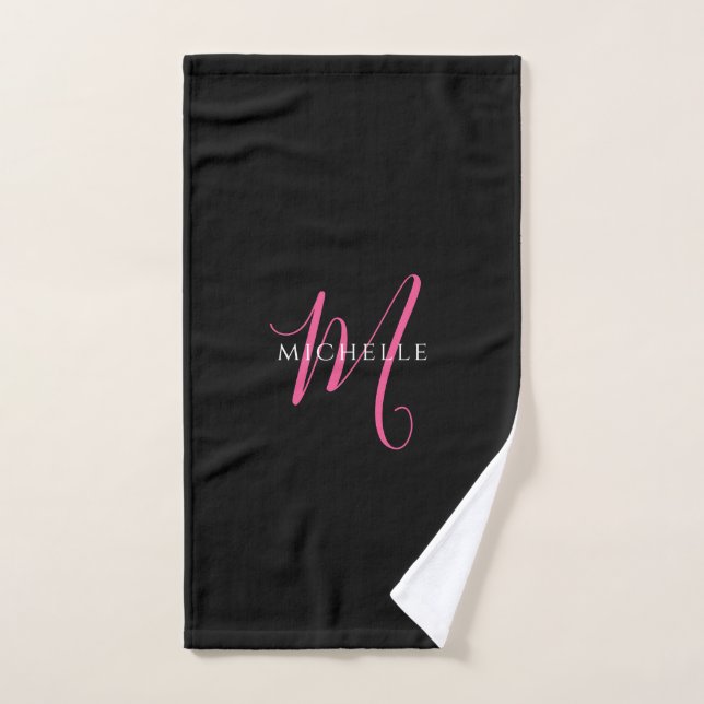 Calligraphy Script Monogram Name Black and Pink (Serviette à main)