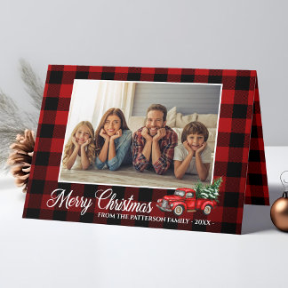 Calligraphy Script Photo Buffalo Plaid Red Truck Holiday Card