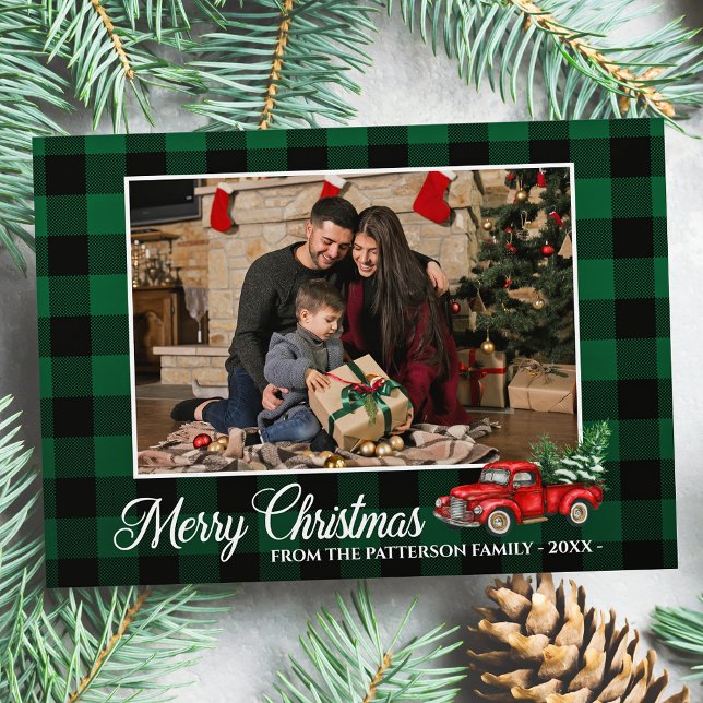 Calligraphy Script Photo Green Plaid Red Truck Card (Creator Uploaded)